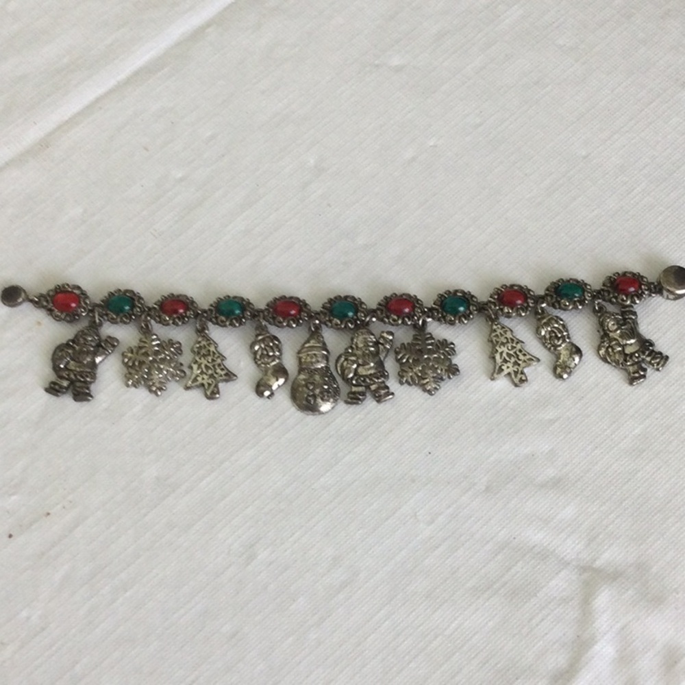 Festive Christmas Silver color Charm Bracelet with Red and Green Accents